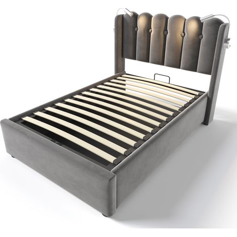 Lit coffre 90x200 cm velours gris avec sommier à lattes, tête de lit avec liseuse et USB (1/5)