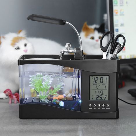 Mini aquarium multifonctionnel rechargeable par USB avec horloge et éclairage LED noir (1/5)