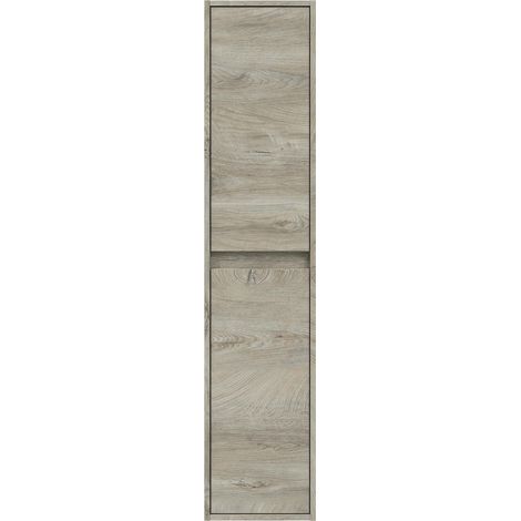 Pegane – Colonne de salle de bain suspendue 2 portes alaska chêne nordic – Dimensions 140 x 30 x 26 cm – Panneau aggloméré haute densité – Fixation murale incluse (1/5)