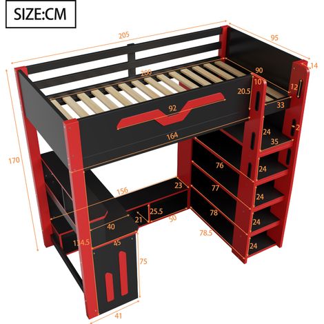 Lit mezzanine en bois 90x200 avec bureau, rangements étagères, éclairage LED et escalier à tiroirs, Noir. (1/5)