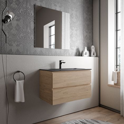 BERNSTEIN - Mobile lavabo sospeso MDF rovere miele, lavello Ghisa nero opaco + foro rubinetto - 80x46x50cm - AVA CREAM	Rovere Miele Oro, Nero opaco con foro rubinetto