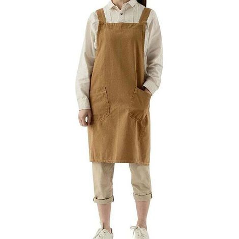 Gartenschürze, japanische Schürze aus Baumwolle und Leinen mit Kreuzrücken für Damen, mit Taschen, modische Kittelschürze zum Gärtnern, Malen, Reinigen, Kochen - Gelb-02 (1/5)