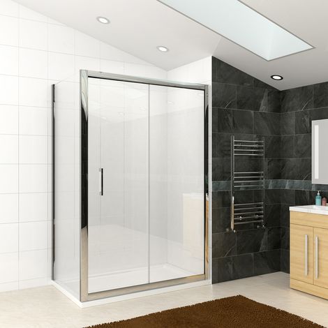 ELEGANT 1400mm Sliding Wet Room Walk in Glass Cubicle 700mm Side Shower Screen 8mm Nano Coated Bathroom Door with Shower Base Tray 1400x700mm and Waste Trap (1/5)