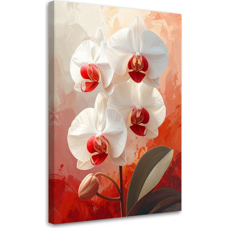 Impression sur Toile, Orchidées blanches à centre rouge sur fond rouge,20x30 (1/4)