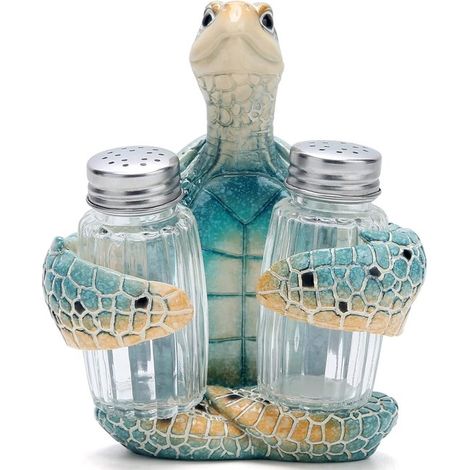 Ensemble de 2 moulins à poivre et à sel - Moulin à poivre - Moulin à sel - Ensemble décoratif avec figurines de tortues marines - Support inclus - Résine écologique - Idéal pour les bars de plage, les (1/5)