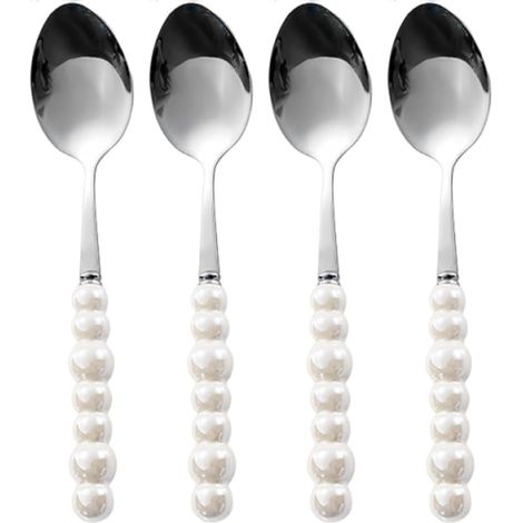 Lot de 4 cuillères à dessert coréennes en acier inoxydable avec poignée en perles d'imitation, 19 cm (blanc)