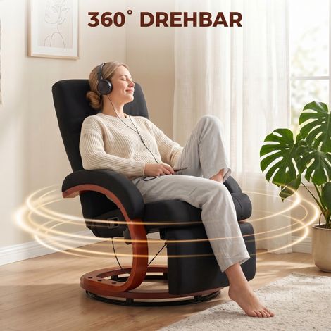 Fauteuil relax avec fonction inclinable, dossier haut ergonomique, accoudoirs confortables, repose-pieds, base en bois, aspect lin, pour salon et détente. (1/5)