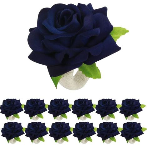 Serviettes rondes à motif floral pour décorations de mariage, Noël et Pâques (bleu marine), lot de 12 (1/4)