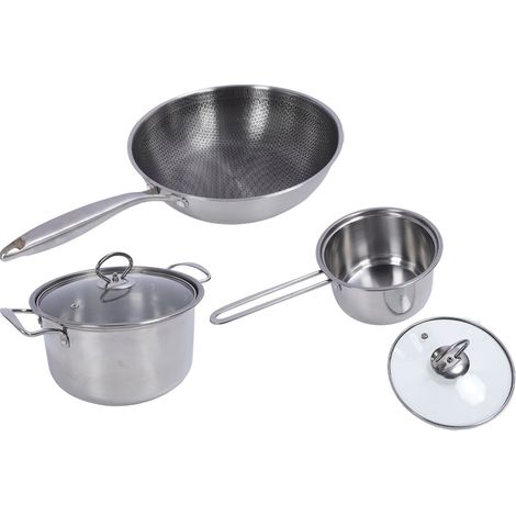 Multifunktionales Edelstahl-Pfannenset, leicht zu reinigen, antihaftbeschichtet, bestehend aus einer Bratpfanne, einem Suppentopf und einem Stieltopf, mit Deckeln für den Gebrauch in Haushalt und Küch (1/5)