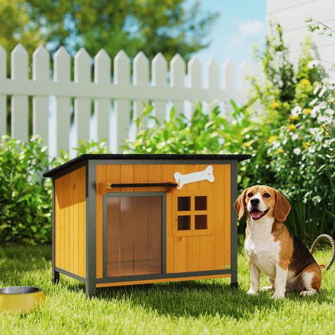 Caseta exterior para perros de madera y acero, resistente a las mordeduras, con techo practicable y cortina en la puerta, color amarillo. (1/5)