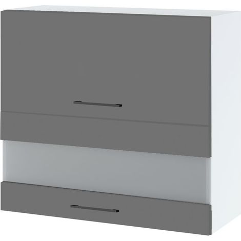 Meuble haut de cuisine Lovia Gris Mat 2 portes relevables avec vitre opaque L 80 cm - Porte avec poignée apparente Grey