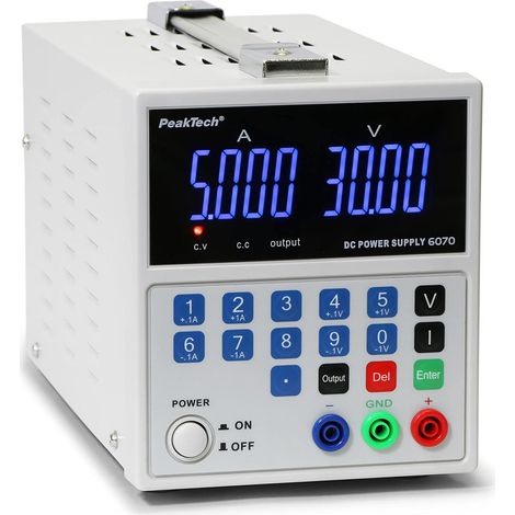 PeakTech 6070 – Alimentatore da laboratorio DC 0-30V/0-5A, Alimentatore a commutazione stabilizzata, Protezione da sovraccarichi e cortocircuiti, Raffreddamento passivo (1/4)