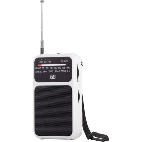 (Blanc) Radio transistor de poche, chargement USB-C, avec prise casque, livrée avec clip et cordon. (1/5)