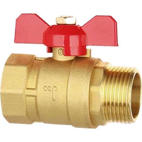 Robinet à boisseau sphérique 2,5 cm - En laiton - Avec poignée à ailettes rouge - Filetage extérieur/intérieur - DN25 PN16 - Pour tuyaux d'eau, robinet de jardin (1/5)