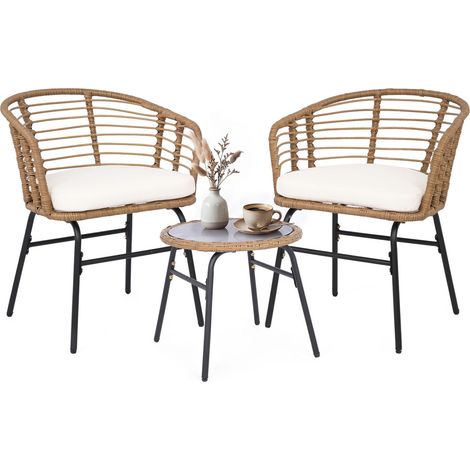 Salon de jardin 3 pièces blanc en rotin PE tressé avec coussins moelleux et table bistrot en verre trempé pour balcon et terrasse (1/5)