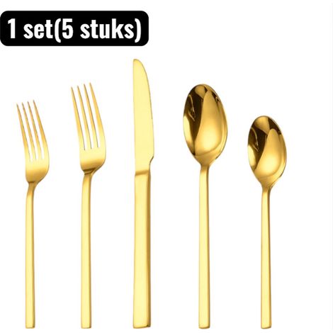 Ensemble de 5 couverts dorés en acier inoxydable avec manches carrés comprenant couteau à steak fourchette et cuillère qualité hôtelière pour repas quotidiens et réception (1/4)