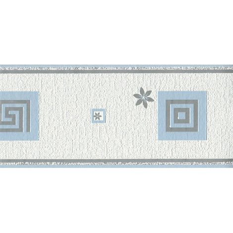AS Creation Greek Key Floral Blue Silver Wallpaper Border Textured Vinyl (1/4)