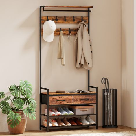 Appendiabiti con ganci per vestiti, panca porta scarpe, organizer da ingresso in stile industriale, struttura in acciaio, marrone rustico
