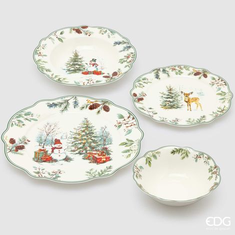 EDG Enzo De Gasperi Servizio Piatti Pino Innevato di Natale 24 Pz – Ceramica Verde Mix (Piano, Fondo, Dessert e Ciotole)