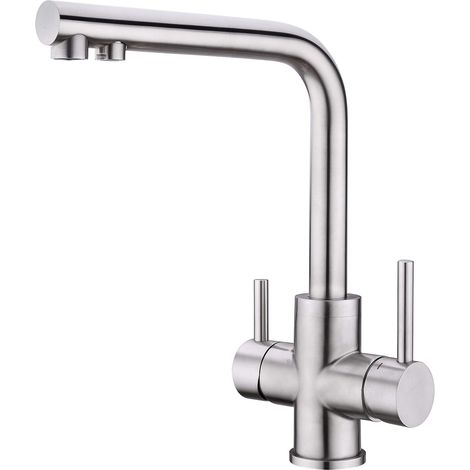 Grifo de Cocina de 3 Vías, Grifo Mezclador de Cocina de 3 Vías Giratorio 360°, Grifo de Fregadero de Cocina de Agua Potable con Salida de Agua Filtrada, Acero Inoxidable Ulisem (1/5)