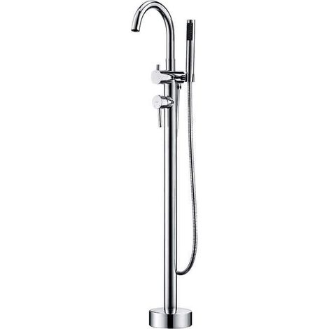 Rue Du Bain – Mitigeur de baignoire sur pied en laiton chromé – Cartouche céramique – Hauteur sous bec 104 cm – Flexible de douche anti torsion 1,5 m (1/3)