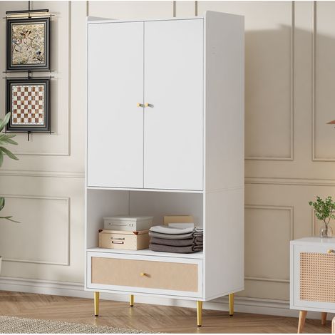 Armoire 2 portes avec grande tiroir en rotin, tringle à vêtements, 80 x 48 x 175 cm, blanche HAVRYA (1/5)