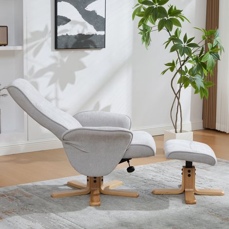 Fauteuil pivotant nordique avec tabouret en chenille. Socle bois massif et support métallique,style moderne robuste,couleur gris neutre.