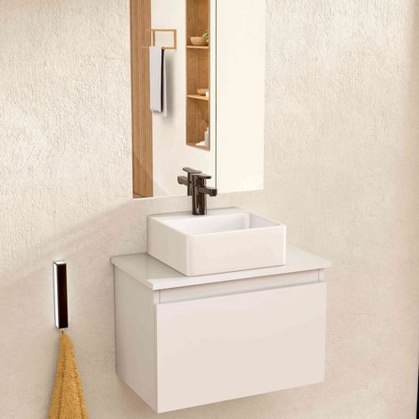 BELLOBATH – Hängender Badezimmerschrank mit quadratischem Keramikwaschbecken und Spiegel, Badezimmerschrank mit Waschbecken und 1 Schublade, 49,5 x 32 x 30 cm, weißer Schrank