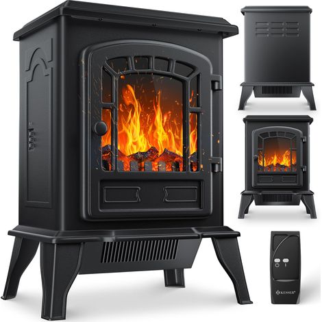 KESSER® Elektrokamin mit Heizlüfter & Fernbedienung 2000W Elektro Kamin Elektrischer Heizung LED Kaminfeuer Effekt Kaminofen Flammeneffekt Heizer Ofen Schwarz