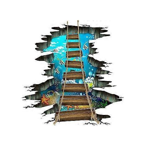 Stickers de sol 3D, monde sous-marin, étoiles de mer, poissons colorés, amovibles, amour de l'océan, mignon pont suspendu en bois, autocollant mural en PVC pour salle de bain (1/4)