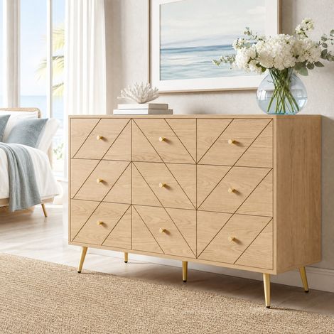 FLORAGRACE Commode à 9 tiroirs en bois clair, meuble de rangement moderne avec pieds métalliques, motifs géométriques et format compact 120x39x80 cm pour chambre, salon ou entrée (1/5)