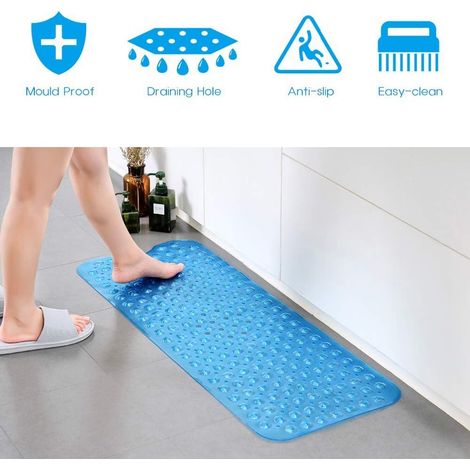 Tapis baignoire antidérapant 100x40cm, extra long, lavable machine, bleu.
