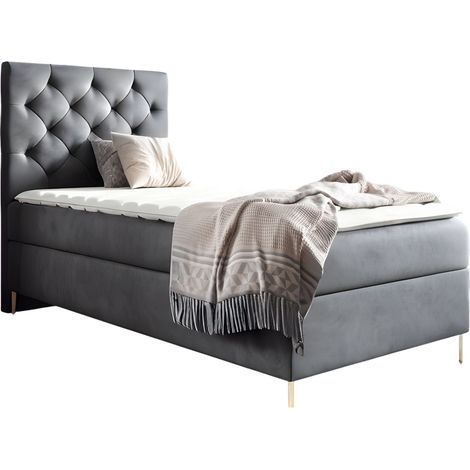 Sofello Boxspringbett LIDIA 90 x 200cm Bettkasten TOPPER 5cm Gratis Grau Velour hohe goldene Beine (1/5)