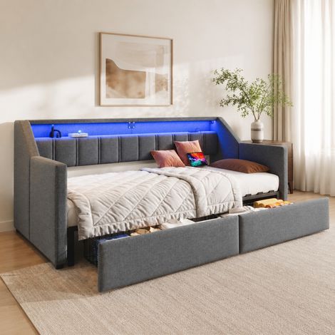 Sofá cama 90 x 200 cm extensible a 180 x 200, con USB y puerto Tipo C, LED, 2 cajones y 2 bolsillos, en tela gris y MDF para dormitorio CHICFURN (1/5)