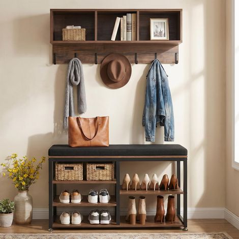 Porte Manteau Mural avec Banc à Chaussures, Meuble d'Entrée avec Structure en Acier, Rangement pour Couloir Chambre Dressing, Vestiaire d'Entrée avec Patères et Étagère, Marron Rustique (1/5)