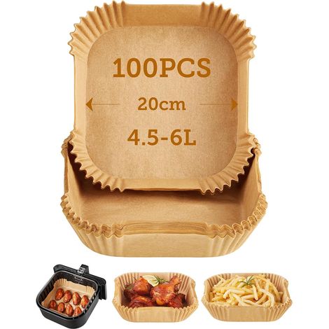 Papier de cuisson pour friteuse à air, 100 feuilles carrées, convient aux friteuses à air de 4,5 à 6 litres, aux fours, aux poêles et aux fours à micro-ondes. (1/5)