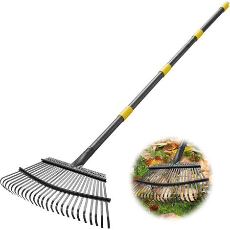 Râteau à Feuilles de Jardin, 160 cm, Stable, 25 Dents en Métal, 45 cm de Large, Poignée en Acier Réglable, pour la Collecte de Débris sous Les Parterres de Fleurs, Plantes Délicates, Pelouses, Cours (1/4)