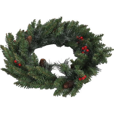 Couronne Noël artificielle ronde baies rouges pommes pin – Décor suspension faux ornement maison magasin bar, décoration (1/4)