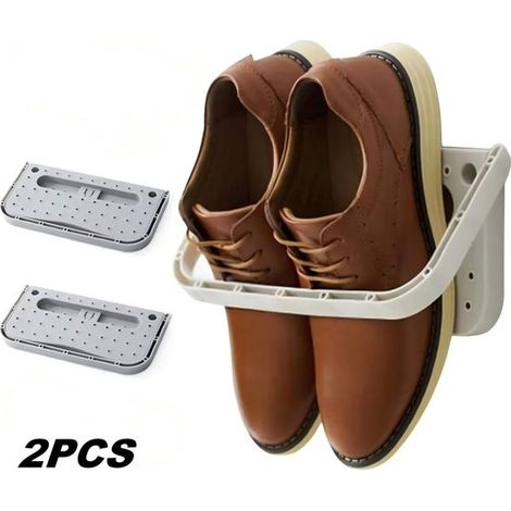 Lot de 2 étagères à chaussures murales en plastique, rangement pour chaussures et pantoufles, sans perçage, pour salle de bain, chambre et petit espace, gris (1/5)