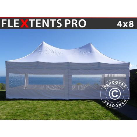 Tente pliante FleXtents PRO Peak Pagoda 4x8m Blanc, Incl. 6 parois latérales