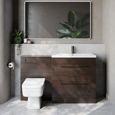 Napoli 390 Cento Brown Oak 1400mm 2 Drawer Vanity Unit Toilet Suite with Glide Basin - 1400mm - Matt Black 480mm HandleWith Kingston Toilet Pan and Seat