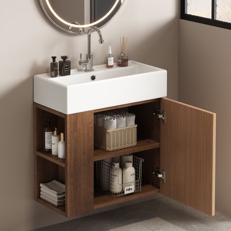 Meuble sous vasque suspendu 55x31x66,5 cm avec vasque et rangement intégré, format compact, MDF, Marron (1/5)