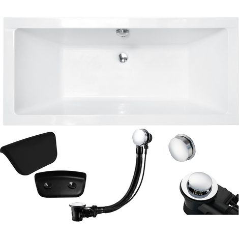 Badewanne Rechteck 180x80 + Kopfstütze + Bambus Ablage, Ablauf & Füße GRATIS - Komplettset 5in1 Original Acryl Wanne - BADLAND QUADRO (1/5)
