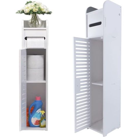 Armoire de rangement de salle de bain ultra-mince blanche autoportante imperméable avec couche de nécessités quotidiennes et 1 porte d'armoire, polyvalente, peut stocker du papier toilette, du shampoi
