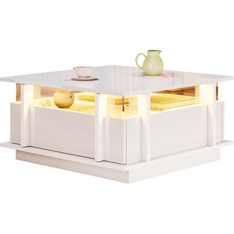 Table basse laquée brillante 707035cm avec 2 tiroirs, éclairages LED et cloison acrylique transparente. Table à café, table de salon, table pour canapé, table d’appoint, adaptée aux petits espaces, bl (1/5)