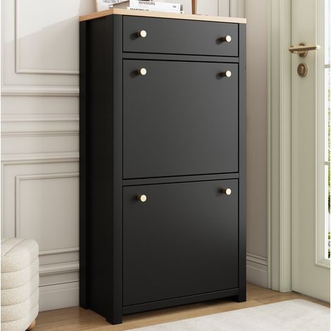 Zapatero moderno con 1 cajón y 2 abattants, MDF negro efecto madera, 50 x 24 x 95 cm, OKWISH (1/5)
