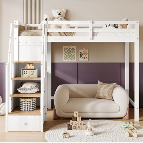 Cama alta infantil 90x200 cm blanca y natural en pino macizo y MDF con escritorio y almacenaje (1/5)