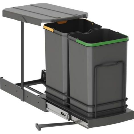 Emuca Contenedor de reciclaje para fijación inferior y extracción manual/automática en mueble de cocina Recycle 2x12litros, Plástico gris antracita (1/10)