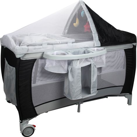 Lit parapluie pour bébé 0-36 mois Lit bébé pliant à roulettes avec accessoires sac de transport, 120 x 60 x 76 cm, Noir (1/2)