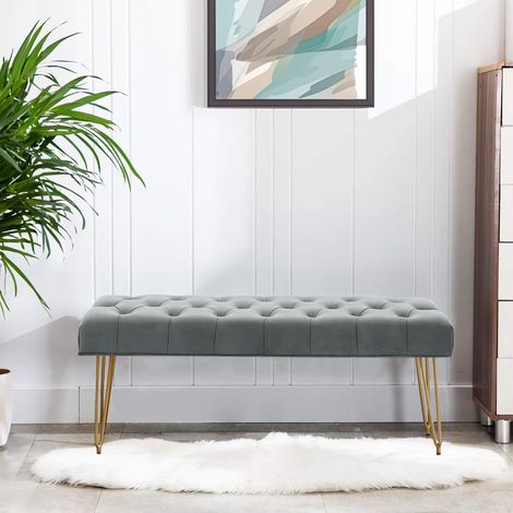 Velvet Buttoned Ottoman Footstool Gold Chrome Legs,Grey